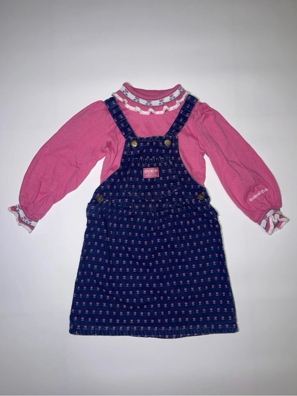 Vtg 80’s Oshkosh heart flower vestbak denim overalls Dress Pink Long Sleeve USA